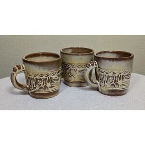 3 Vintage Frankoma Pottery Coffee Mugs 7C Mayan Aztec Desert Gold Glaze Cups